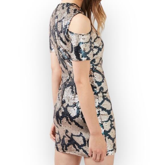 Topshop Cold Shoulder Sequins Mini Dress sz 4 Green and Gold - Picture 2 of 12